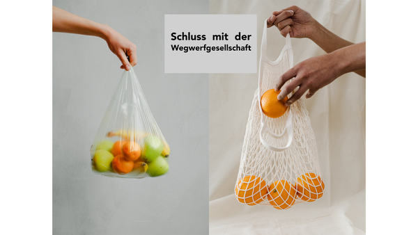 Einkaufen mit Plastiktüte oder Obstnetz.